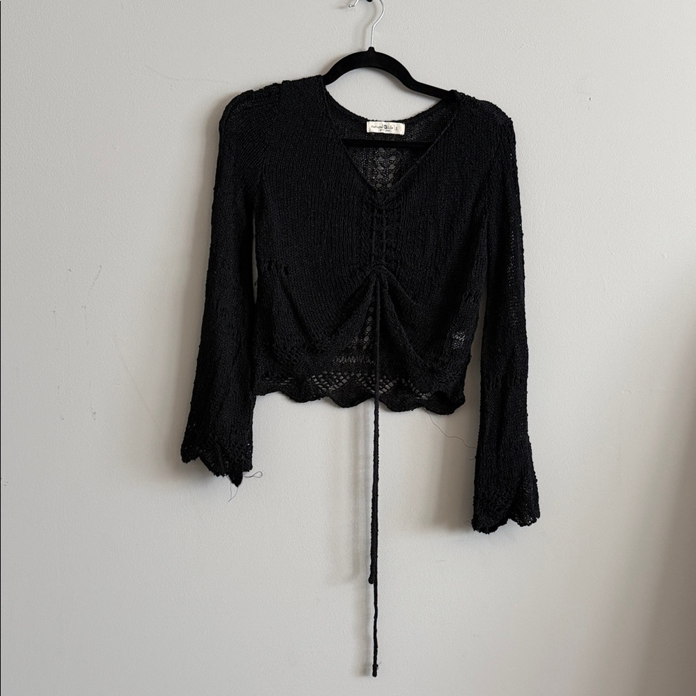 NATURAL LIFE Black Crochet Drawstring Long Sleeve Crop Top